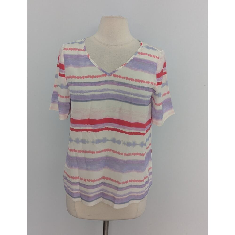 PURE Collection Silk Pink Purple Stripe Blouse Vneck Short Sleeve US 6